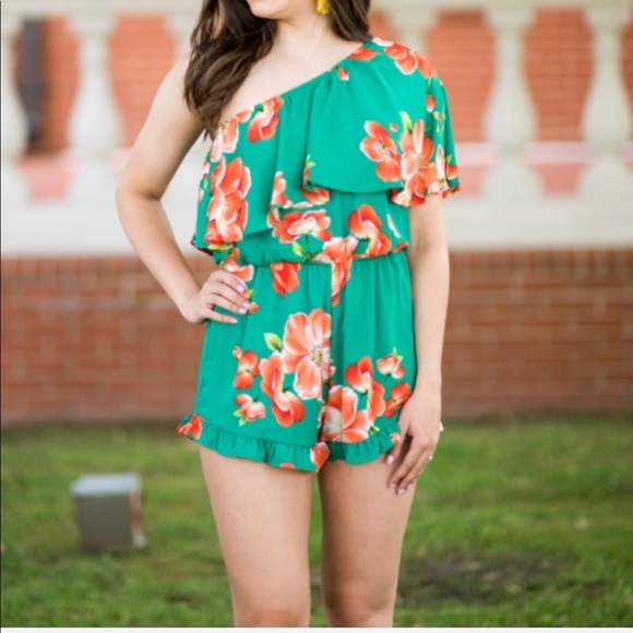 Tropical Floral One Shoulder Romper - Picture 2 of 6